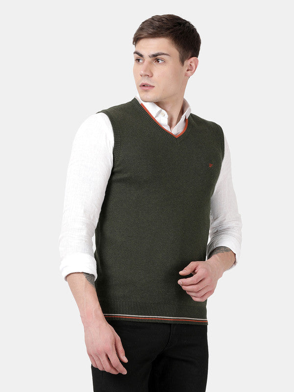t-base Deep Forest Melange Sleeve Less V-Neck Solid Sweater