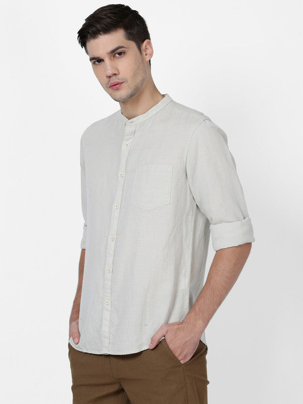 t-base Beige Cotton Linen Solid Shirt