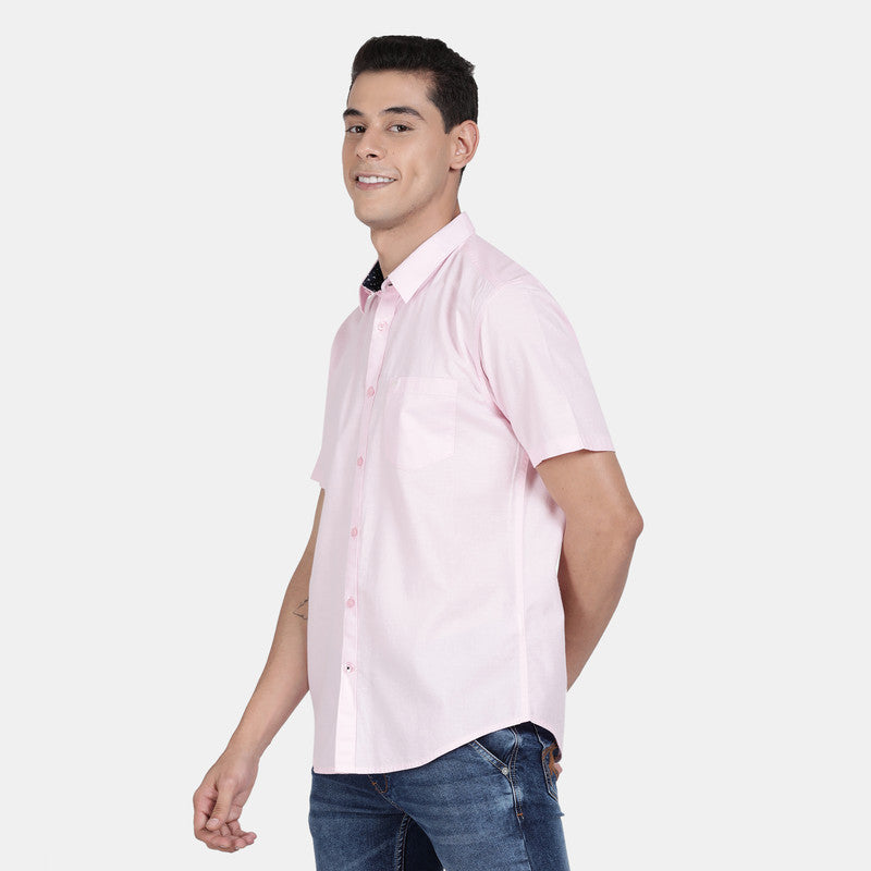 t-base Frost Pink Half Sleeve Cotton Linen Solid Casual Shirt