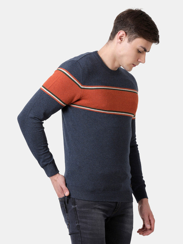 t-base Mood Indigo Melange Full Sleeve Crewneck Stylised Sweater