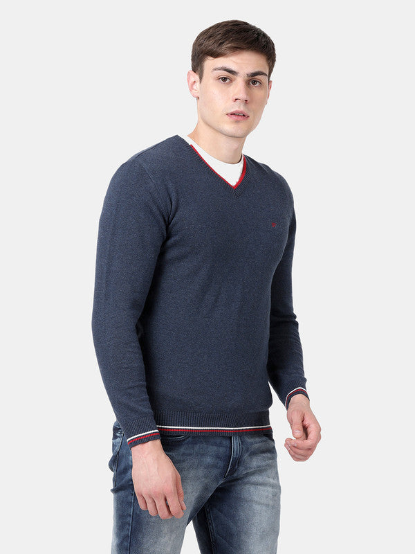 t-base Mood Indigo Melange Full Sleeve V-Neck Solid Sweater