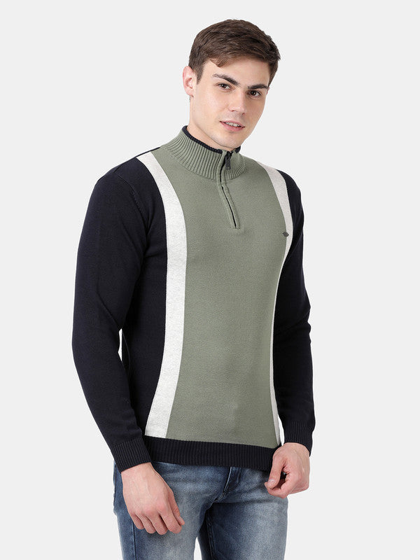 t-base Light Olive Full Sleeve Half Zip Stylised Sweater