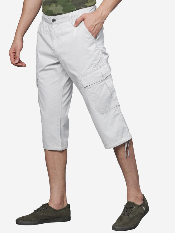 Light Grey Cotton Solid Capri 3/4Th Cargo Pants