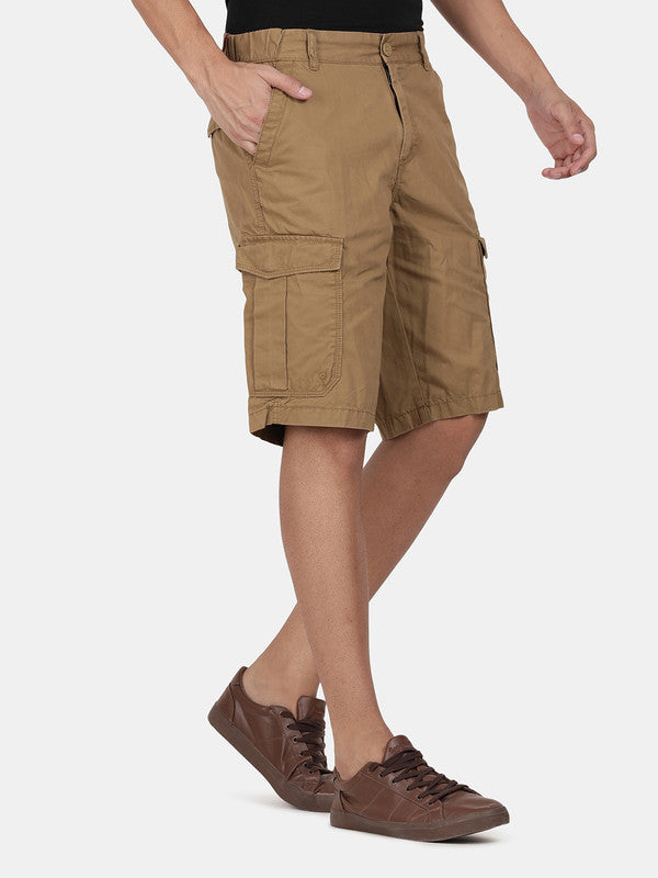 t-base Men Khaki Cotton Solid Cargo Shorts