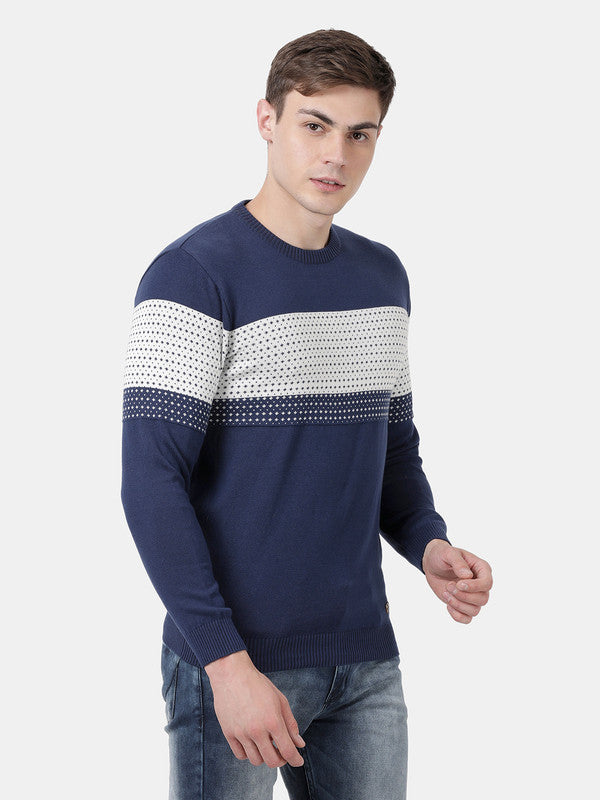 t-base Indigo Blue Full Sleeve Crewneck Stylised Sweater