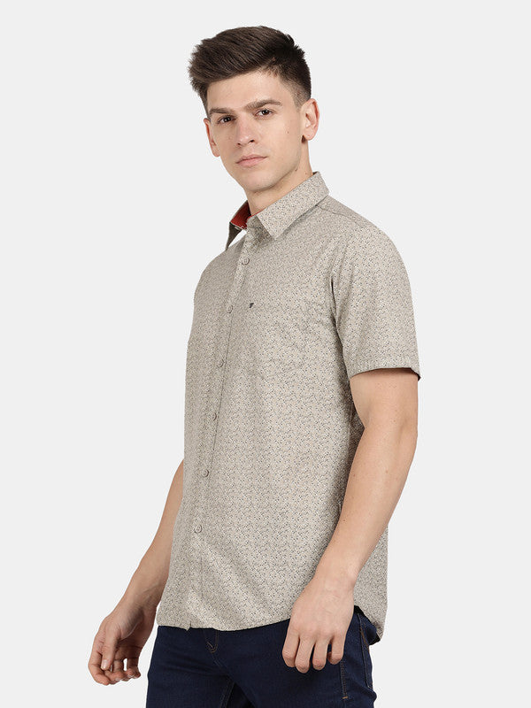 t-base Beige Cotton Poly Printed Shirt