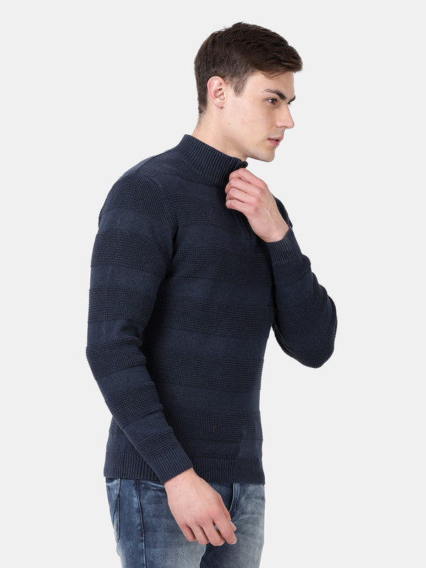t-base Mood Indigo Melange Full Sleeve Half Zip Stylised Sweater