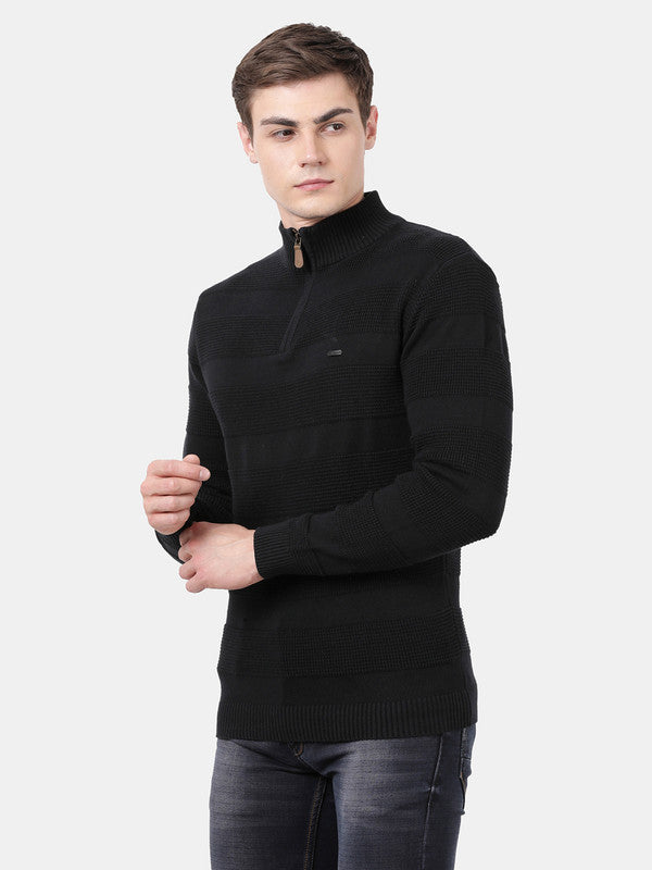t-base Black Full Sleeve Half Zip Stylised Sweater