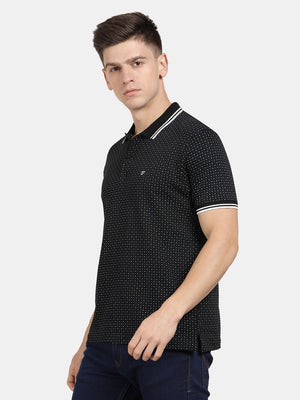 t-base Jet Black Cotton Polo Half Sleeve Printed T-Shirt