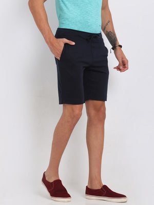 t-base Men Navy Cotton Polyester Solid Knitted Shorts