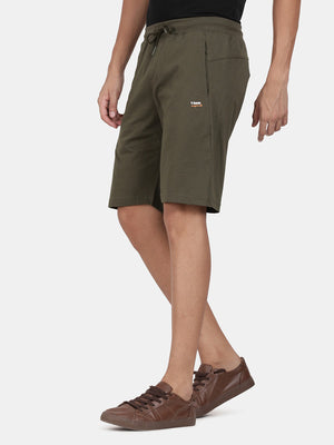 t-base Men Olive Cotton Polyester Solid Knitted Shorts