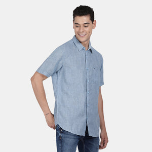 t-base Cendre Blue Half Sleeve Linen Striper Casual Shirt