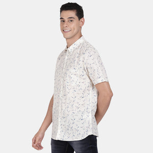 t-base Cream Half Sleeve Linen Printed Casual Shirt