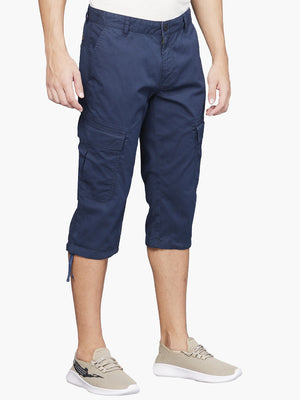 Navy Cotton Solid Capri 3/4Th Cargo Pants