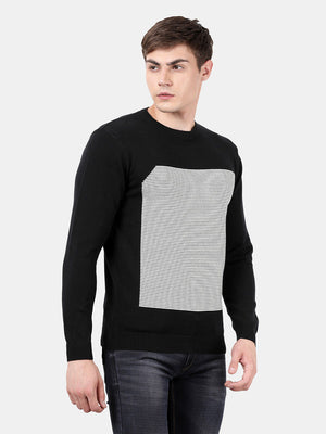 t-base Black Full Sleeve Crewneck Stylised Sweater