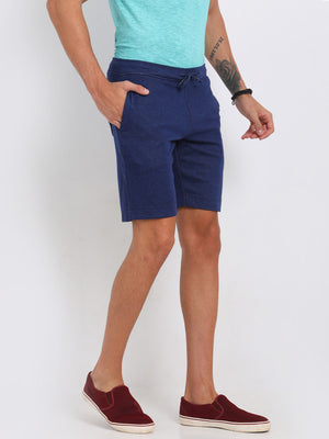 t-base Men Ensign Blue Melange Cotton Polyester Solid Knitted Shorts