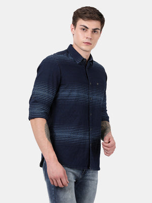 t-base Men Dark Wash Cotton Indigo Stripes Casual Shirt