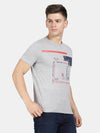 t-base Grey Melange Cotton Crewneck Printed T-Shirt