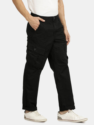 Black Poly Cotton Solid Cargo Pant