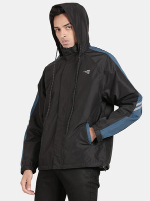 t-base Black Taslon Solid Full Sleeve Waterproof Rainwear Jacket
