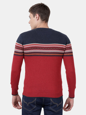 t-base Brick Red Melange Full Sleeve Crewneck Stylised Sweater