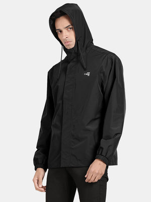 Black Nylon Ribstop Solid Full Sleeve Waterproof Rainwear Jacket