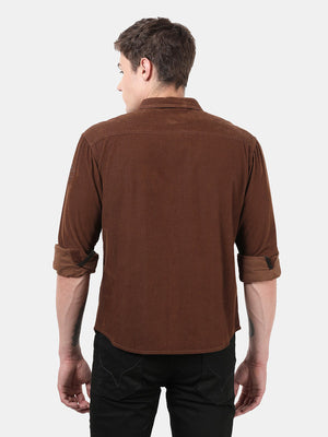 t-base Men Brown Corduroy Solid Casual Shirt