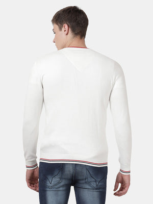 t-base Broken White Full Sleeve V-Neck Solid Sweater