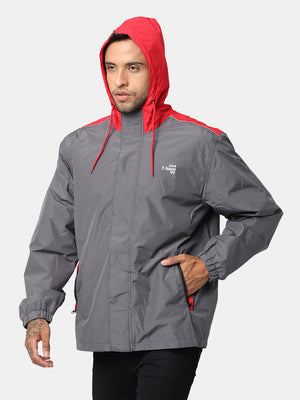 t-base Red Steel Grey Nylon Ripstop Solid Full Sleeve Rainwear Jacket