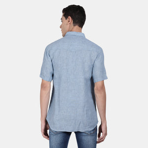 t-base Cendre Blue Half Sleeve Linen Striper Casual Shirt