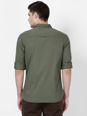 t-base Olive Solid Cotton Casual Shirt 