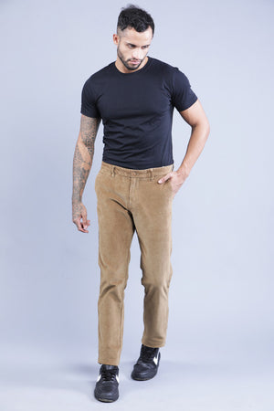 t-base Men Camel Solid Corduroy Chinos Trouser