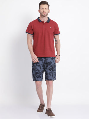 t-base Men Ombre Blue Cotton Printed Cargo Shorts With Belt