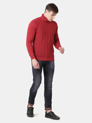 t-base Brick Red Melange Full Sleeve Turtle Neck Stylised Sweater