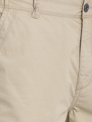 t-base Men Beige Cotton Solid Cargo Shorts