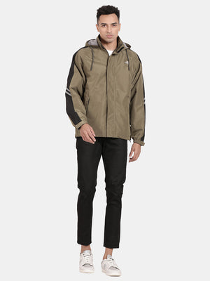 t-base Olive Taslon Solid Full Sleeve Waterproof Rainwear Jacket