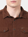 t-base Men Brown Corduroy Solid Casual Shirt