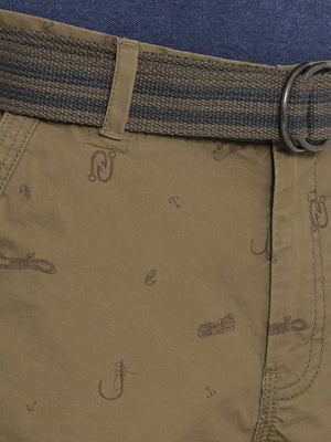 t-base Men Olive Cotton Solid Cargo Shorts With Belt