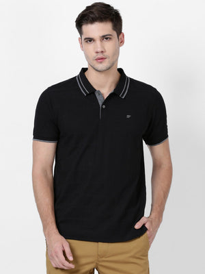 t-base Black Cotton Polyester Polo Jacquard T-Shirt
