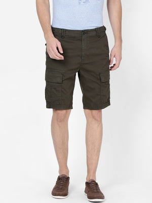 t-base Men Dark Olive Cotton RFD Strech Solid Cargo Shorts