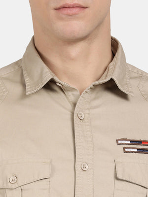 t-base Beige Cotton Twill Solid Shirt