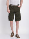 t-base Men Dark Olive Cotton Solid Cargo Shorts With Belt