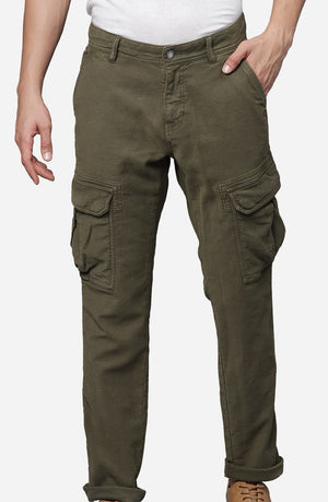 Olive Cotton Solid Knitted Cargo Pant