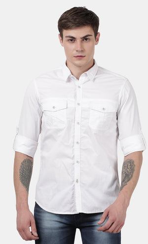 t-base Men White Cotton/Lycra Solid Casual Shirt