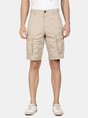 t-base Men Sand Cotton Solid Cargo Shorts