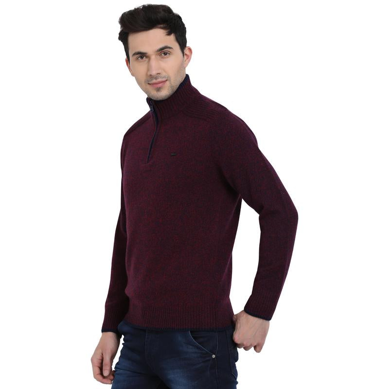 t-base Maroon Mock Collar Self Design Sweater