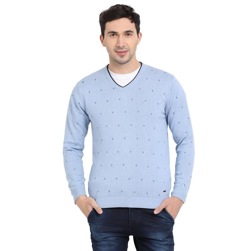 t-base Blue V Neck Printed Sweater