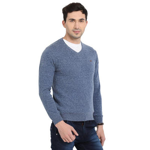 t-base Blue V Neck Self Design Sweater