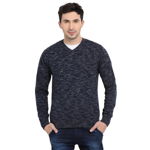 t-base Navy V Neck Self Design Sweater