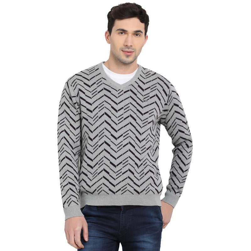 t-base Grey V Neck Jacquard Sweater
